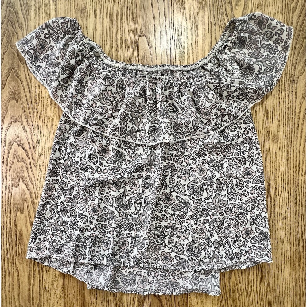 Hollister Womens Off The Shoulder Ruffle Blouse Top  M Pink Gray Paisley Print